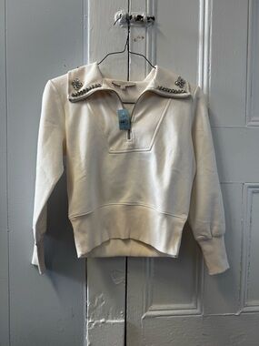 LOFT Ivory Half-Zip Ribbed Pullover with Zip Collar